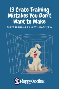 13 Crate Training Mistakes You Don’t Want to Make - Pin with cartoon graphic of puppy in crate