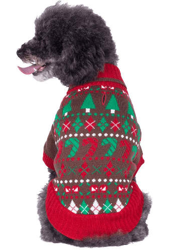 Brown and green ugly sweater on dog