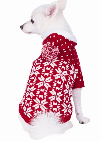 Trendy Christmas Sweaters for Dogs in 2023 Red and white snowflake design on white dog. Happyoodles.com