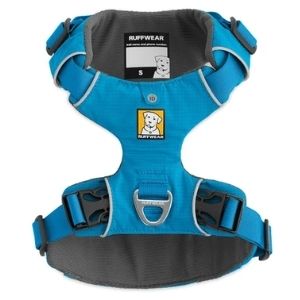 Blue Ruffwear dog harness looking down from tip of harness on white background