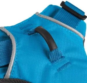 Picture of a blue ruffwear harness showing the front loop on the harness. 