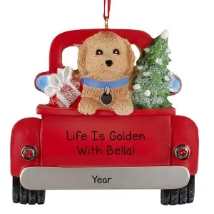 Golden Doodle Riding In Red Festive Truck Ornament