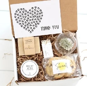 Gifts for Dog Walkers - Dog walker gift set with glass terrarium, air plant, pebbles, matches, chocolate chip cookies, goat milk beauty bar, soy candle