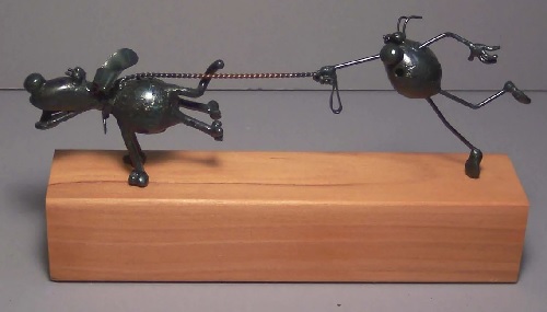 Gifts for Dog Walkers - handcrafted original Flea Metal Sculpture of a dog pulling a person on a leash