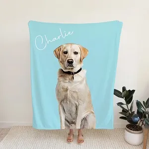 Large photo blanket with a picture of a yellow lab and their name. 