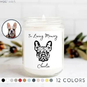Memorial candle in a jar with an image of a french bulldog and the saying "in loving memory.