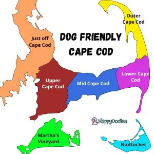 Dog Friendly Beaches - Cape Cod, Massachusetts - black and white pic of cape cod outline with the four 7 regions of cape cod highlighted in different colors 