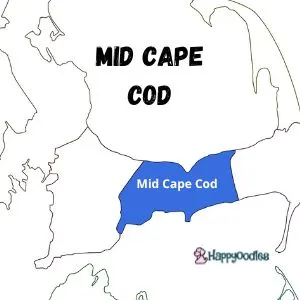 Dog Friendly Beaches - Cape Cod, Massachusetts - black and white pic of cape cod outline with mid -cape section colored in blue