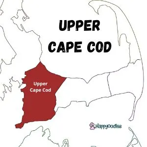 Dog Friendly Beaches - Cape Cod, Massachusetts - black and white pic of cape cod outline with upper -cape section colored in red