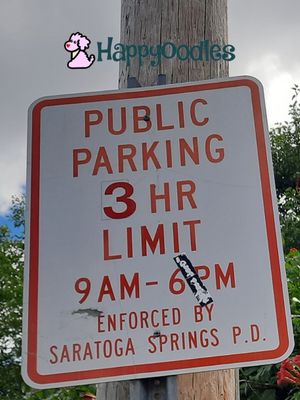 Happyoodles.com Dog Friendly Saratoga Springs Parking Sign near Library