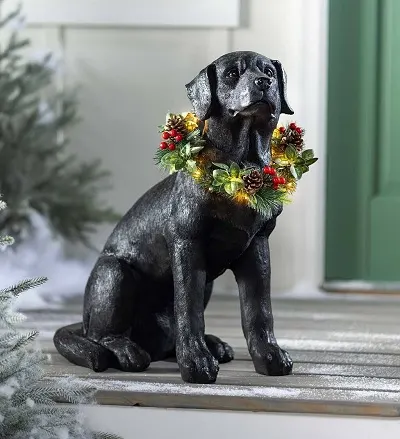 Dog Inspired Christmas Decorating Ideas - Black Lab Status with light up wreath - Happyoodles.com 