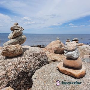 Dog Friendly Island Vacation Ideas on the East Coast -Block Island, RI - rock piles with sea and clouds in the background