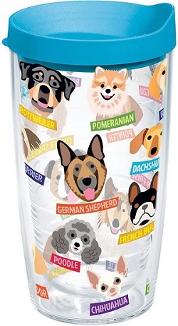 Tumber with blue top and pictures of various dog breeds on the body of the tumbler. 