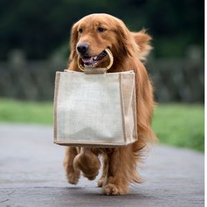 Golden Retriever holding bag in mouth