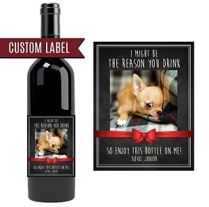 Gifts for dog walkers - wine bottle label with picture of dog on wine bottle 