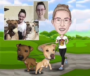 Digital caricature of a dog walker walking dogs