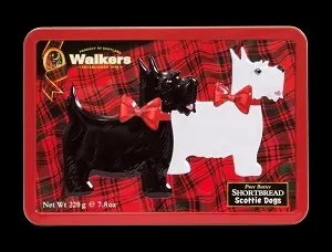Walker's Shortbread Scottie Dogs - tin with two westies one black and one white on red background