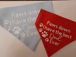 Two bandana on in red and one in blue with "Paws down I have the Best Dog Dad Ever"