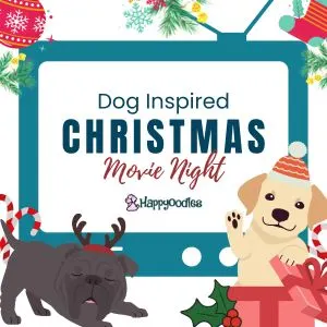 Dog Christmas Movies: 23 Movies to Watch in 2023 - cartoon drawing with dog dogs in Christmas attire and a large green TV