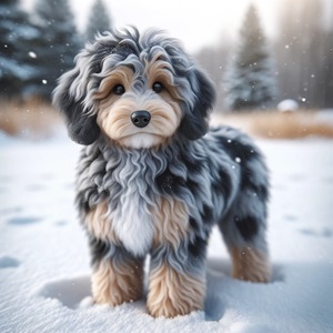 AI generated picture of tri-colr merle Aussiedoodle in the snow