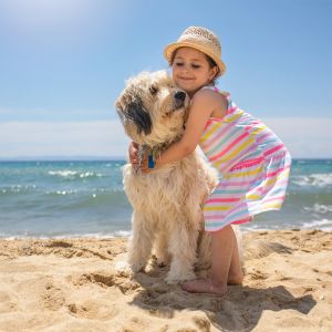 Labradoodle and little girl at the beach