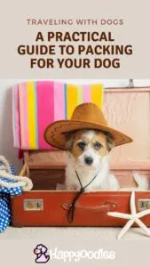 Traveling with Dogs: A Practical Guide To Packing For a Dog - pin picture with cute small dog in suitcase with hat on and colorful towel and bag nearby.