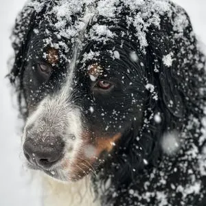 Snow covered Bernese Mountain Dog 