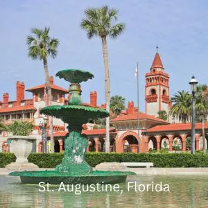Dog Friendly Escapes in St Augustine, Florida, - Green fountain with Spanish style building in background