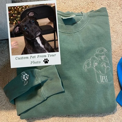 Custom Pet Embroidered Sweatshirt in green with a photo of the dog for reference.