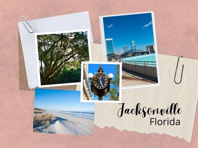 Part of the post on Dog Friendly Florida Vacation Ideas - title " Jacksonville, Florida" with a collage of pictures: Timucuan Ecological and Historic Preserve. clock, skyline, and beach