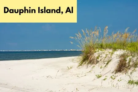 Title on page Dauphin Island. AL pic of a beach with a dune and sea-grass and the ocean.