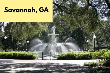 Title on page Savannah, GA. Pic of a fountain in a park with trees and gray walkway.