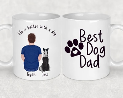 Best Dog Dad custom mug with pic of a man and a dog with their backs to the viewer and their names. Printed on the mug is "Life is better with a dog" and "Best Dog Dad"