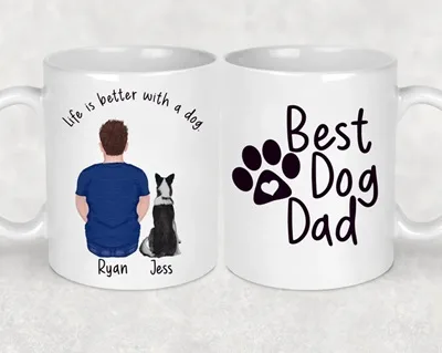 Best Dog Dad custom mug with pic of a man and a dog with their backs to the viewer and their names. Printed on the mug is "Life is better with a dog" and "Best Dog Dad"