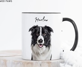 Dog Dad Gift Ideas - white mug with a Black and white dog on the front with a name.