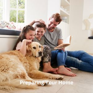 Happyoodles.com Bringing Home a Rescue Dog -title Preparing Your Home - Golden retriever with family in home