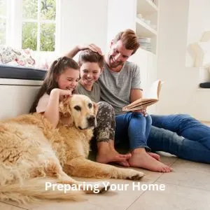 Happyoodles.com Bringing Home a Rescue Dog -title Preparing Your Home - Golden retriever with family in home