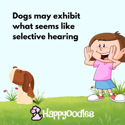 Title " Dogs may exhibit what seems like selective hearing" with a cartoon picture of a girl calling a dog outside and the dog looking away.