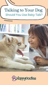Title "Talking to your dog: Should you use baby talk? " Picture with a women and a dog looking eye to eye.