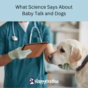 Title " What Science says about baby talk and dogs" man in srubs with a file and a dog.