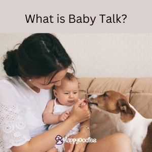 title "What is baby talk?" Women, baby and a dog on the couch