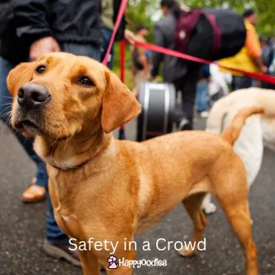 Title "Safety in a Crowd" Picture of a tan dog on a leash with people and other dogs around.