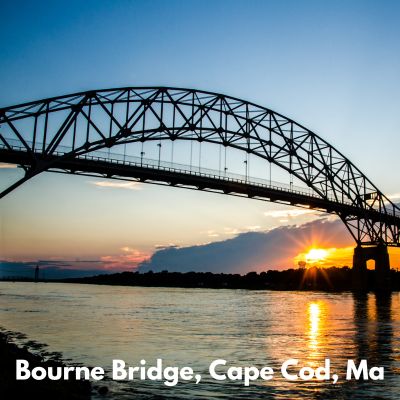 Happyoodles.com - Title "Bourne Bridge, Cape Cod , Ma . Picture of an arch bridge over water with the sun setting.