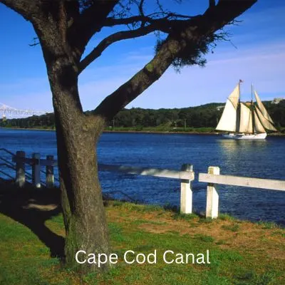 Title "Cape Cod Canal" Picture of the canal with sail boat.