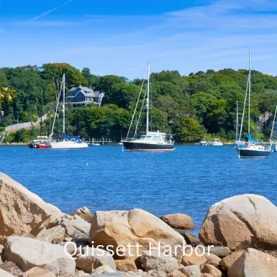 Upper Cape Cod Dog-Friendly - Title "Quissett Harbor" Picture of sailboats moored in the water.