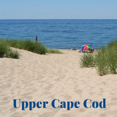 Title "Upper Cape Cod" Picture of sandy beach with ocean in the background.