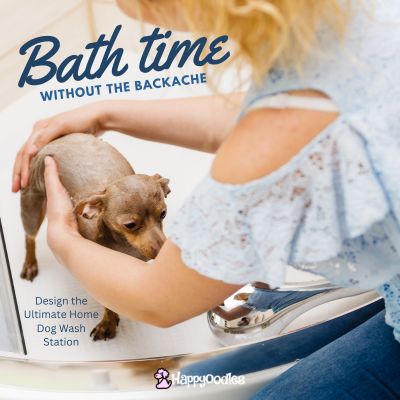 Title: Bath time with out the Backache - Design the ultimate home dog wash station. - picture of woman leaning over a dog washing them in a compact shower.