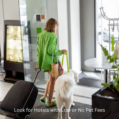 Happyoodles.com - Title: Look for Hotels with Low or No Pet Fees - Woman and Dog walking in hotel.
