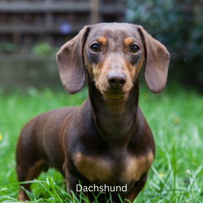 Dachshund standing outside in the grass.