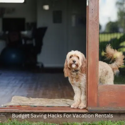 Happyoodles.com - Title: Budget Saving Hacks For Vacation Rentals - Dog looking out a door on a home.